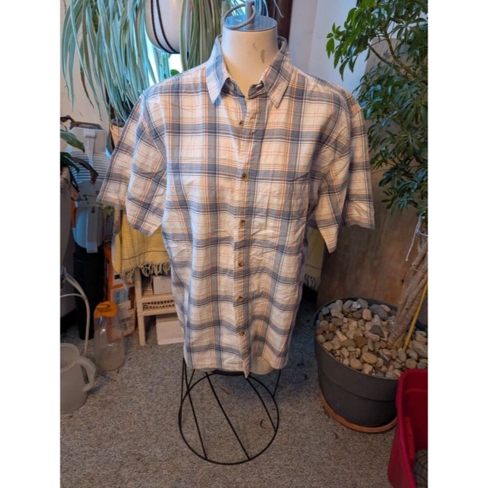 Men's Woolrich SS Indian Cotton what/Grey plaid button down sz M